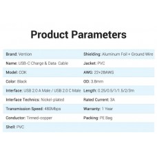 Кабель USB-Type-C Vention PVC PD 60W nickel-plated 3A 480Mbps 1m Black (COKBF)