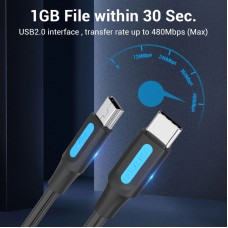 Кабель Type-C-MiniUSB Vention TPE Round 2A 480Mbps 1m Black (COWBF)