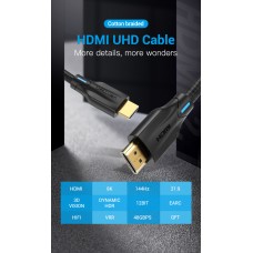 Кабель HDMI-HDMI v.2.1 Vention Cotton Braided 8K 60Hz 4K 120Hz 48Gbps HDR 3D 3m Black (AAUBI)