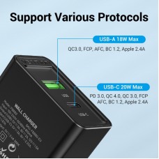 Сетевое зарядное устройство 1USB 1Type-C Vention (A+C) PD 38W QC3.0 3.4A Black (FBBB0-EU)
