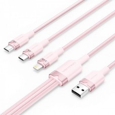 Кабель 3 в 1 USB-MicroUSB-Type-C-Lightning Vention PVC Cotton Braided PD 60W 3А 480Mbps 1.5m Pink (CTPPG)