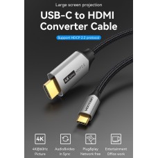 Кабель Type-C-HDMI 2.0 4K 60Hz HDCP 2.2 Thunderbolt 3 Vention Cotton Braided 2m Grey (CRBBH)