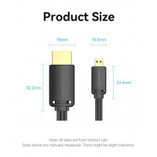 Кабель HDMI-microHDMI v.2.0 Vention Metal GND 4K 60Hz 18Gbps HDR Video Dolby Audio 1m Black (AGIBF)