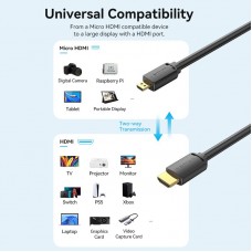 Кабель HDMI-microHDMI v.2.0 Vention Metal GND 4K 60Hz 18Gbps HDR Video Dolby Audio 1m Black (AGIBF)