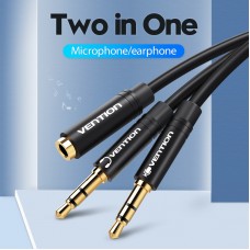 Кабель Audio 3.5мм-3.5мм Vention 2xM/F TPE Jacket 1m Black (BBUBF)