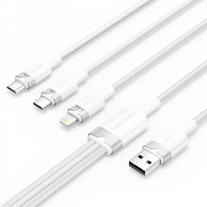 Кабель 3 в 1 USB-MicroUSB-Type-C-Lightning Vention PVC Cotton Braided PD 60W 3А 480Mbps 1.5m White (CTPWG)