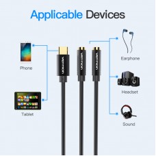 Кабель Audio Type-C-3.5мм Vention F/2xM PVC gold-plated 0.3m Black (BGBBY)