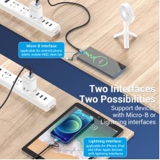 Кабель 2 в 1 USB-MicroUSB-Lightning Vention TPE Nylon MFi C89 2.4А 480Mbps nickel-plated 0.5m Black