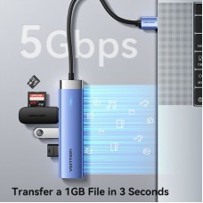 USB HUB Vention 5 in 1 USB-Type-C-RJ45 3USB 1Type-C PD 100W Aluminum Alloy Blue (TGFSB)