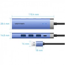 USB HUB Vention 5 in 1 USB-Type-C-RJ45 3USB 1Type-C PD 100W Aluminum Alloy Blue (TGFSB)