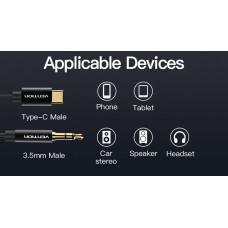 Кабель Audio Type-C-3.5мм Vention Spring Stereo gold-plated 1m Black (BGABF)