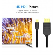 Кабель MiniDisplayPort-DisplayPort v.1.2 Vention 4K 2K 60Hz 21.6Gbps 1.5m Black (HAABG)