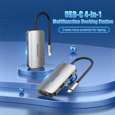 USB HUB 4 в 1 Vention Type-C-HDMI-VGA-USB 1USB 3.0 1Type-C 3.1 PD 100W 4K 30Hz 5Gbps 0.15m Grey (TOAHB)
