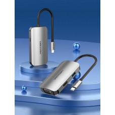 USB HUB 4 в 1 Vention Type-C-HDMI-VGA-USB 1USB 3.0 1Type-C 3.1 PD 100W 4K 30Hz 5Gbps 0.15m Grey (TOAHB)