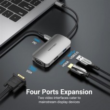 USB HUB 4 в 1 Vention Type-C-HDMI-VGA-USB 1USB 3.0 1Type-C 3.1 PD 100W 4K 30Hz 5Gbps 0.15m Grey (TOAHB)