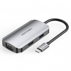 USB HUB 4 в 1 Vention Type-C-HDMI-VGA-USB 1USB 3.0 1Type-C 3.1 PD 100W 4K 30Hz 5Gbps 0.15m Grey (TOAHB)
