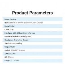 Адаптер Type-C-3.5мм Vention DAC Chip CTIA-OMTP 0.1m Black (BGMHA)
