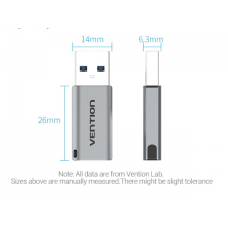 Адаптер Type-C-USB 3.0 Vention AluminIum nickel-plated M/F 5Gbps 3A Gray (CDPH0)