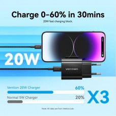 Сетевое зарядное устройство Vention 1Type-C 20W 3A + USB-C to Lightning cable М-М Black