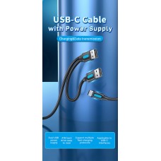 Кабель 2in1 USB-Type-C 2.0 Vention M/2xM PVC Round nickel-plated 3A 480Mbps 0.5m Black (CQKBD)