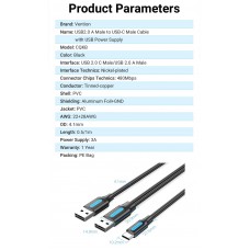 Кабель 2in1 USB-Type-C 2.0 Vention M/2xM PVC Round nickel-plated 3A 480Mbps 0.5m Black (CQKBD)