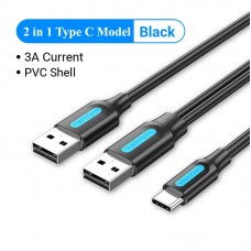 Кабель 2in1 USB-Type-C 2.0 Vention M/2xM PVC Round nickel-plated 3A 480Mbps 0.5m Black (CQKBD)