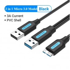 Кабель 2in1 USB-MicroUSB-B 3.0 Vention M/2xM PVC Round nickel-plated 3A 5Gbps 1m Black (CQPBF)