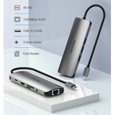 USB HUB 7 в 1 Vention Aluminum Type-C-HDMI-3.5мм 3USB 3.1 Card Reader, 0.15m