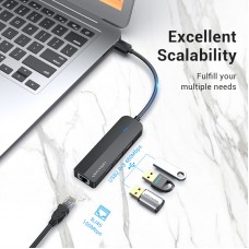 USB HUB Vention USB-MicroUSB-RJ45 3USB 2.0 Ethernet Adapter 100Mbps, 0.15m