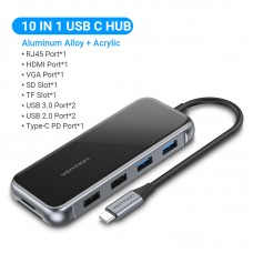 USB HUB Vention 10 в 1 Type-C-HDMI-RJ45-VGA-USB-PD TF SD 4USB 3.0 87W 4K 30Hz, 0.15m