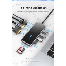 USB HUB Vention 10 в 1 Type-C-HDMI-RJ45-VGA-USB-PD TF SD 4USB 3.0 87W 4K 30Hz, 0.15m