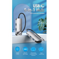 USB HUB 5 в 1 Vention Type-C-USB 4USB 3.0 PD 100W 5Gbps, 0.15m