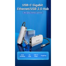 USB HUB 5 в 1 Vention Type-C-RJ45-USB 3USB 3.0 1Type-C 3.1 PD 100W 5Gbps, 0.15m