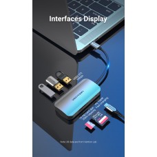 USB HUB 6 в 1 Vention Type-C-SD-TF-USB 3USB 3.0 1Type-C 3.1 PD 100W 5Gbps, 0.15m