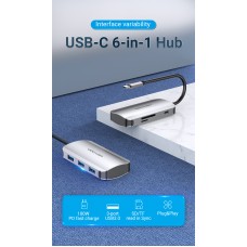 USB HUB 6 в 1 Vention Type-C-SD-TF-USB 3USB 3.0 1Type-C 3.1 PD 100W 5Gbps, 0.15m