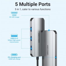 USB HUB 5 в 1 Vention Type-C-HDMI-USB 3USB 3.0 1Type-C 3.1 PD 100W 4K 30Hz 5Gbps, 0.15m