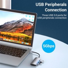 USB HUB 5 в 1 Vention Type-C-HDMI-USB 3USB 3.0 1Type-C 3.1 PD 100W 4K 30Hz 5Gbps, 0.15m