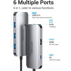 USB HUB 6 в 1 Vention Type-C-HDMI-RJ45-USB 3USB 3.0 1Type-C 3.1 PD 100W 4K 30Hz 5Gbps, 0.15m