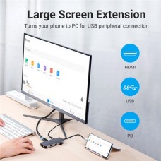 USB HUB 6 в 1 Vention Type-C-HDMI-RJ45-USB 3USB 3.0 1Type-C 3.1 PD 100W 4K 30Hz 5Gbps, 0.15m