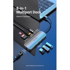 USB HUB 8 в 1 Vention Type-C-HDMI-RJ45-SD-TF-USB 3USB 3.0 1Type-C 3.1 PD 100W 4K 30Hz 5Gbps, 0.15m