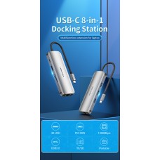 USB HUB 8 в 1 Vention Type-C-HDMI-RJ45-SD-TF-USB 3USB 3.0 1Type-C 3.1 PD 100W 4K 30Hz 5Gbps, 0.15m