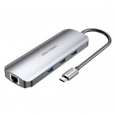 USB HUB 9 в 1 Vention Type-C-HDMI-RJ45-SD-TF-3.5мм-USB 3USB 3.0 1Type-C 3.1 PD 100W 4K 30Hz 5Gbps, 0.15m