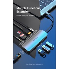 USB HUB 9 в 1 Vention Type-C-HDMI-RJ45-SD-TF-3.5мм-USB 3USB 3.0 1Type-C 3.1 PD 100W 4K 30Hz 5Gbps, 0.15m