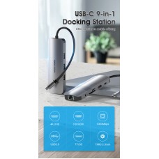 USB HUB 9 в 1 Vention Type-C-HDMI-RJ45-SD-TF-3.5мм-USB 3USB 3.0 1Type-C 3.1 PD 100W 4K 30Hz 5Gbps, 0.15m