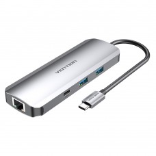 USB HUB 9 в 1 Vention Type-C-HDMI-RJ45-SD-TF-3.5мм-USB 2USB 3.0 2Type-C 3.1 PD 100W 4K 30Hz 5Gbps, 0.15m