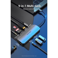 USB HUB 9 в 1 Vention Type-C-HDMI-RJ45-SD-TF-3.5мм-USB 2USB 3.0 2Type-C 3.1 PD 100W 4K 30Hz 5Gbps, 0.15m