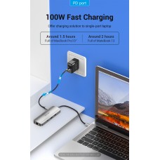 USB HUB 9 в 1 Vention Type-C-HDMI-RJ45-SD-TF-3.5мм-USB 2USB 3.0 2Type-C 3.1 PD 100W 4K 30Hz 5Gbps, 0.15m