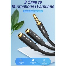 Перехідник аудіо Jack 3.5mm TRRS M -> 2X 3.5mm F (мікрофон + навушники) чорний Vention