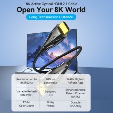 Кабель HDMI M - M, 15.0 м, V2.1, Optical 8K 60Гц 48Gbps Dolby 7.1 TPE Black Zinc Alloy  Vention