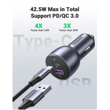 Автозарядка 2xUSB 36W (USB-C+USB-A) QC 3.0+ Косм. Сіра (CD213) UGREEN